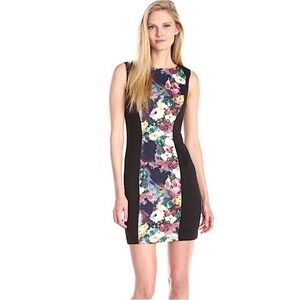 Betsey Johnson Jacquard Sleeveless Sheath Dress in Black w/Quilted Floral Panels